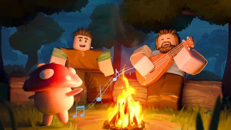 Official Scrooms promotional artwork showing two Roblox musicians and a red mushroom beside a forest campfire
